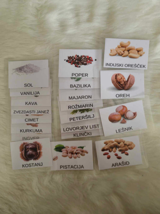 Montessori kartice Začimbe, zelišča in oreščki